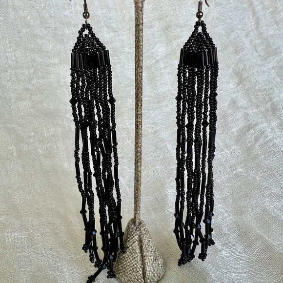 Vintage Jet Glass Beaded Shoulder Duster Earrings – 6″ Long – Sterling Hooks - Picture 4 of 8